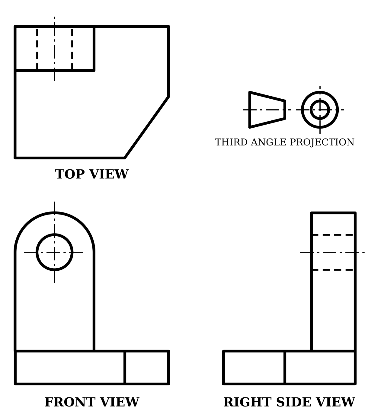 Front, top and right side views